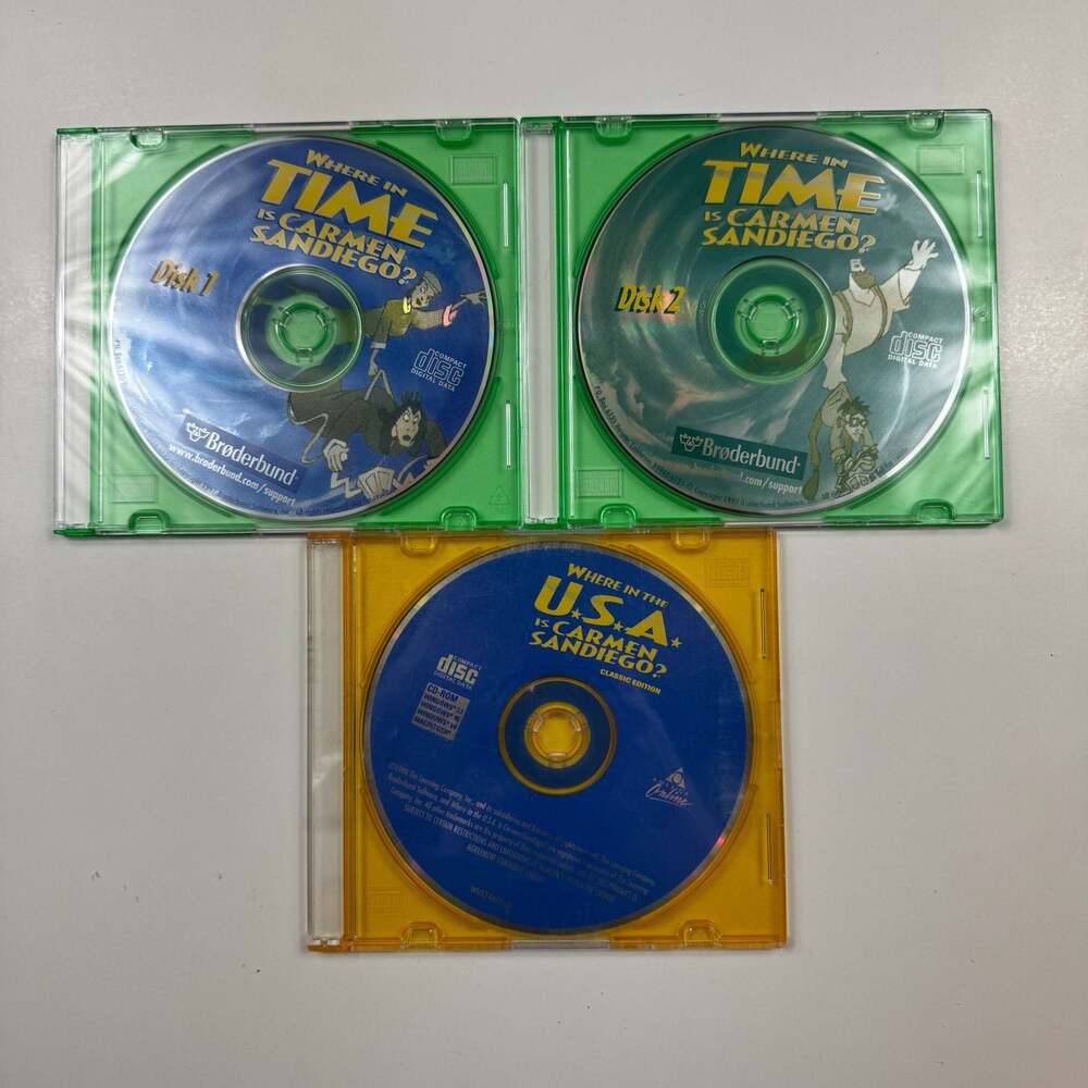 Carmen Sandiego PC CD-ROM Lot: Where in Time (Disk 1 & 2) and Where in the U.S.A